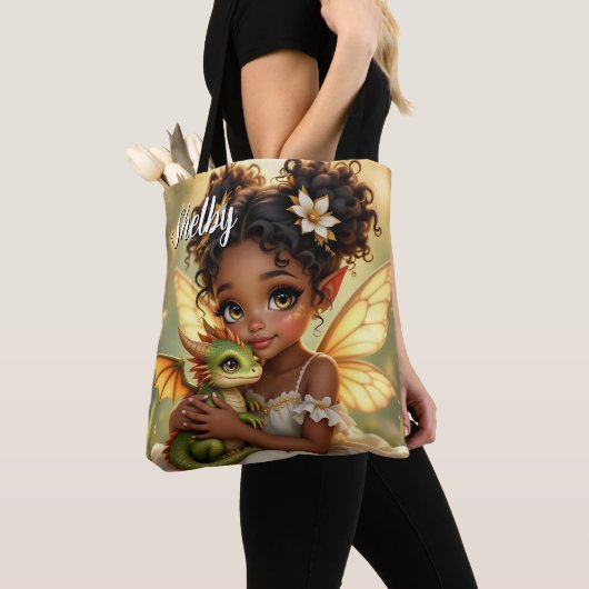 Tote Bag Cute Anime Fairy Girl and Chibi Dragon (De près)