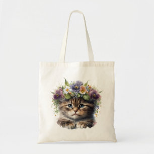 Tote Bag Cute Aquarelle Florale Chat
