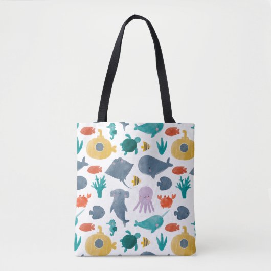 Tote Bag Cute Aquarelle Océan Animaux Motif (Devant)