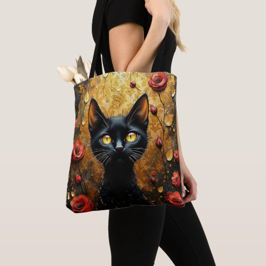 Tote Bag Cute Black Cat With Red Roses (De près)