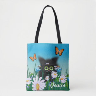 Tote Bag Cute Black Kitten et Daisies Art Personnalisé