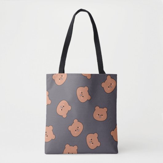 Tote Bag Cute Brown Teddy Bear Face Pattern Dark Blue (Devant)