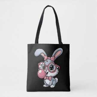 Tote Bag Cute Bunny with Glasses Blowing Bubble Gum