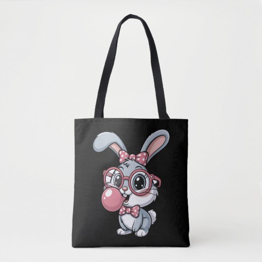 Tote Bag Cute Bunny with Glasses Blowing Bubble Gum (Devant)