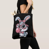 Tote Bag Cute Bunny with Glasses Blowing Bubble Gum (De près)
