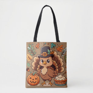 Tote Bag Cute caricature Thanksgiving dinde et citrouille