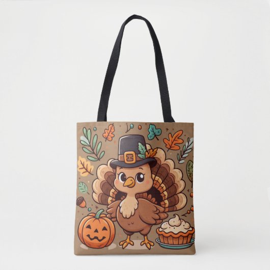 Tote Bag Cute caricature Thanksgiving dinde et citrouille (Devant)