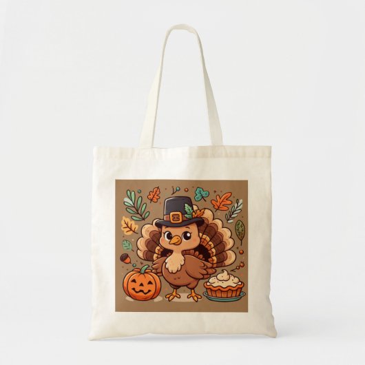 Tote Bag Cute caricature Thanksgiving dinde et citrouille (Devant)