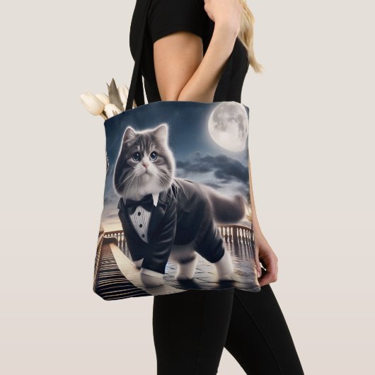 Tote Bag Cute Cat Pawdigy joue une sonate au clair de lune (De près)
