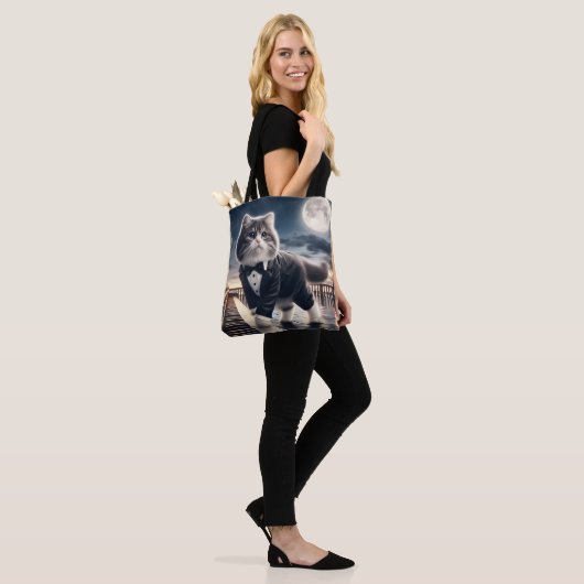 Tote Bag Cute Cat Pawdigy joue une sonate au clair de lune (Sur le modèle)