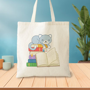 Tote Bag Cute Chat au-dessus d'une pile de livres