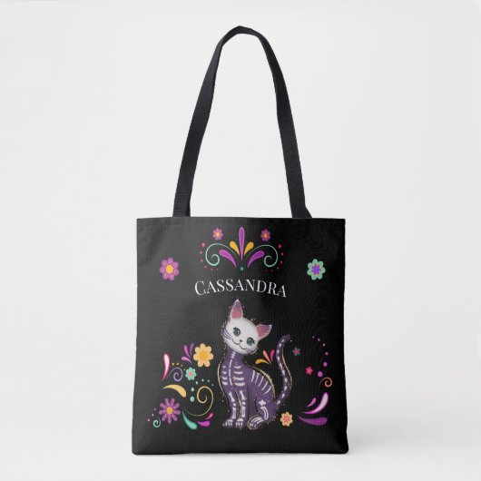 Tote Bag Cute Chat Éffrayant avec Fleurs colorées (Devant)
