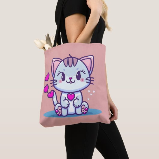 Tote Bag Cute Chat Kitten avec Coeurs Valentine Inspiré | (De près)