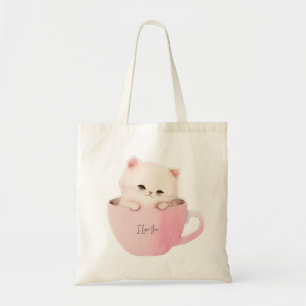 Tote Bag Cute chat rose blanc dans une tasse de thé