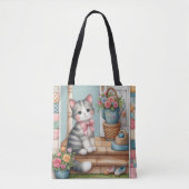 Tote Bag Cute Chat sur Porche avec Fleurs et Patchwork (Devant)