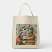 Tote Bag Cute Chat sur Porche avec Fleurs et Patchwork (Dos)