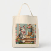 Tote Bag Cute Chat sur Porche avec Fleurs et Patchwork (Devant)