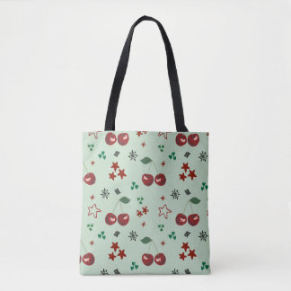 Tote Bag Cute Cherry Pattern Mint Green Cottagecore