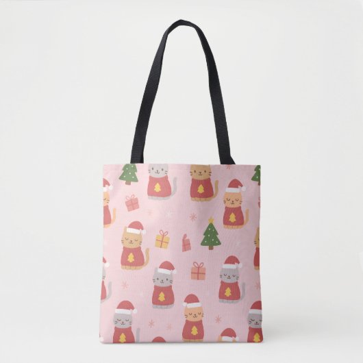Tote Bag Cute Christmas Cats Pattern – Pink Holiday Design (Devant)