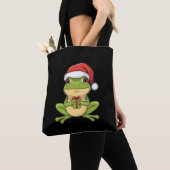 Tote Bag Cute Christmas Frog with Santa Hat Holding Gift - (De près)