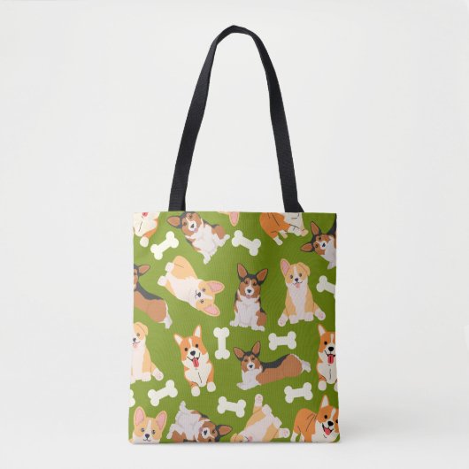 Tote Bag Cute Corgi Motif Vert (Devant)