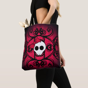 Tote Bag Cute crâne gothique girly avec arc rouge et noir