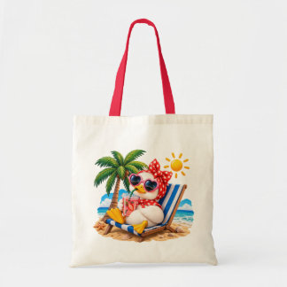Tote Bag Cute Duck Girl on Beach Vacation Summer Illustrati