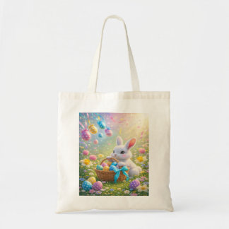 Tote Bag Cute Easter Bunny with Basket of Eggs & Flowers