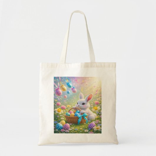 Tote Bag Cute Easter Bunny with Basket of Eggs & Flowers (Devant)