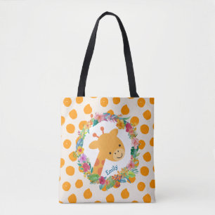 Tote Bag Cute Giraffe avec une aquarelle fleurie Wreath