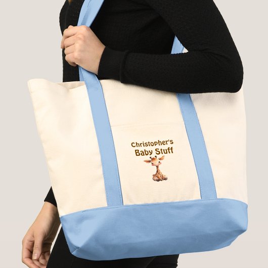 Tote Bag Cute giraffe baby stuff name blue brown
