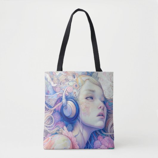 Tote Bag Cute Girl with Headphone Music Oeuvre moderne | (Devant)