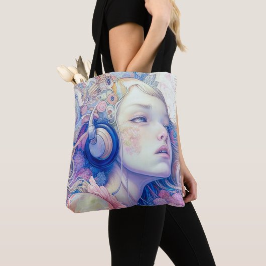 Tote Bag Cute Girl with Headphone Music Oeuvre moderne | (De près)