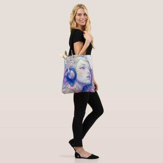 Tote Bag Cute Girl with Headphone Music Oeuvre moderne | (Sur le modèle)