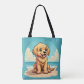 Tote Bag Cute Golden Puppy at Sunny Beach Scene (Dos)