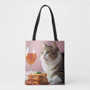 Tote Bag Cute Gray Chat avec Lasagne et Verre à Vin