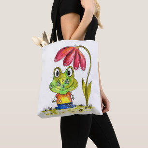 Tote Bag Cute grenouille blanche Whimsical sous une fleur r