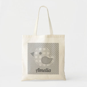 Tote Bag Cute Grey Baby Bird and Polka Dot Personnalisé