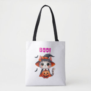 Tote Bag Cute Halloween Chat avec Citrouille et sorcière Ca