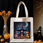 Tote Bag Cute Halloween Witch in Spooky Scene with Pumpkins