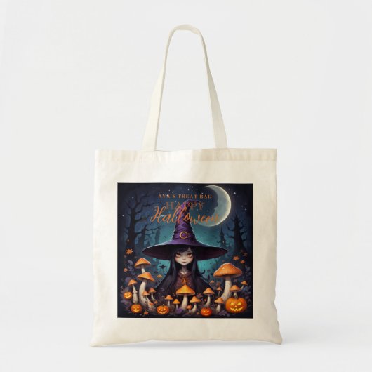 Tote Bag Cute Halloween Witch in Spooky Scene with Pumpkins (Devant)