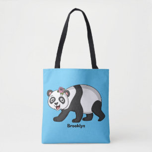 Tote Bag Cute happy panda bear with flower cartoon