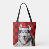 Tote Bag Cute Husky Christmas Dog Red Buffalo Plaid (Dos)