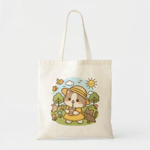 Tote Bag Cute Kawaii Chat Robe Jaune Boire Thé Bubble