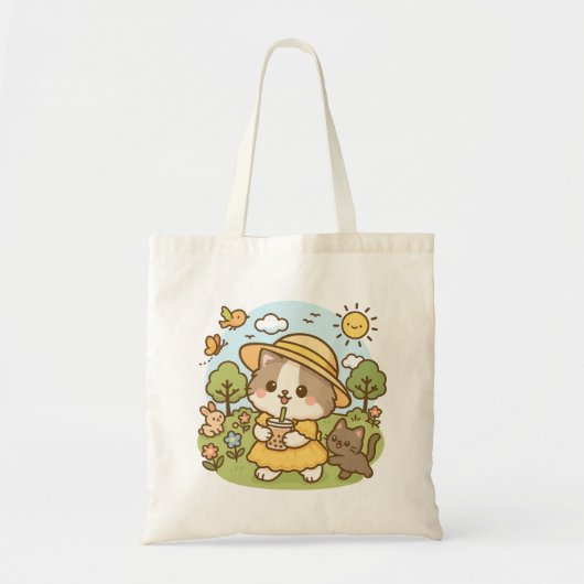 Tote Bag Cute Kawaii Chat Robe Jaune Boire Thé Bubble (Devant)