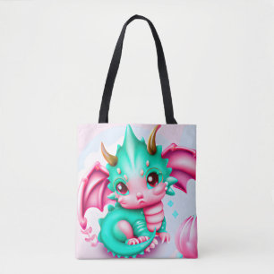 Tote Bag Cute Kawaii Dragon de bébé Turquoise et rose