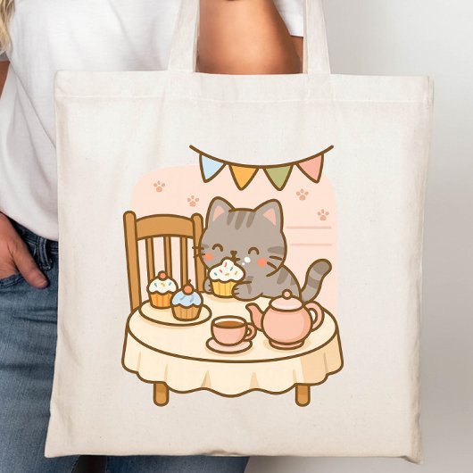 Tote Bag Cute Kawaii Naughty Chat Stealing a Cupcake