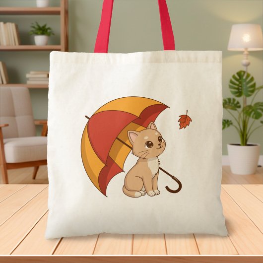 Tote Bag Cute Kitten Cat Red Yellow Umbrella Fall