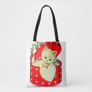 Tote Bag Cute Kitten Coeur Vintage Chat Retro Kitty
