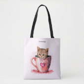 Tote Bag Cute Kitten dans un Teacup avec les coeurs (Devant)